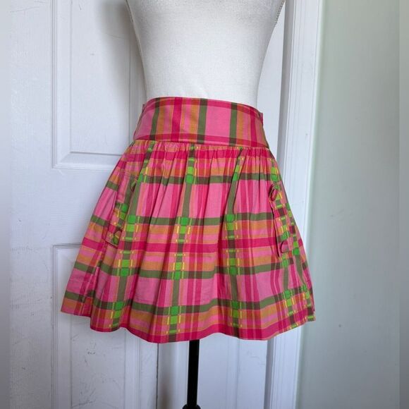 Vintage Y2K Farm Rio Coquette Girl Barbiecore Pink & Green Plaid Skirt with Bow - Picture 2 of 12